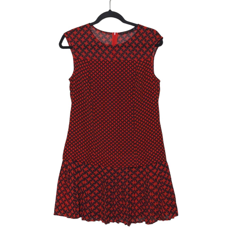Karen Millen Womens A Line Dress Red Black Houndstooth Crew Neck Cap Sleeve 8